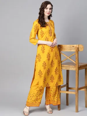 Women Mustard & Orange Printed Kurta Set