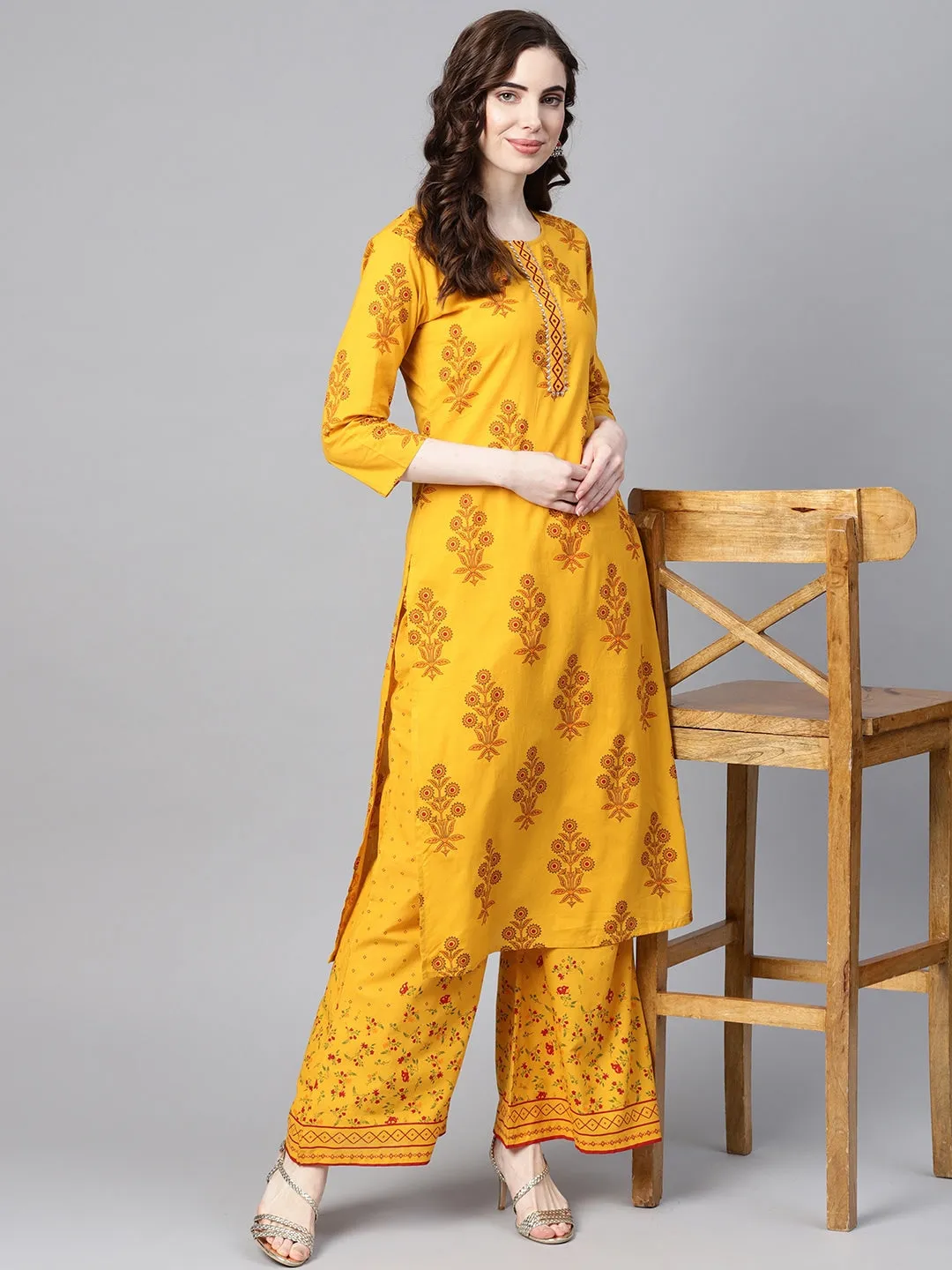 Women Mustard & Orange Printed Kurta Set