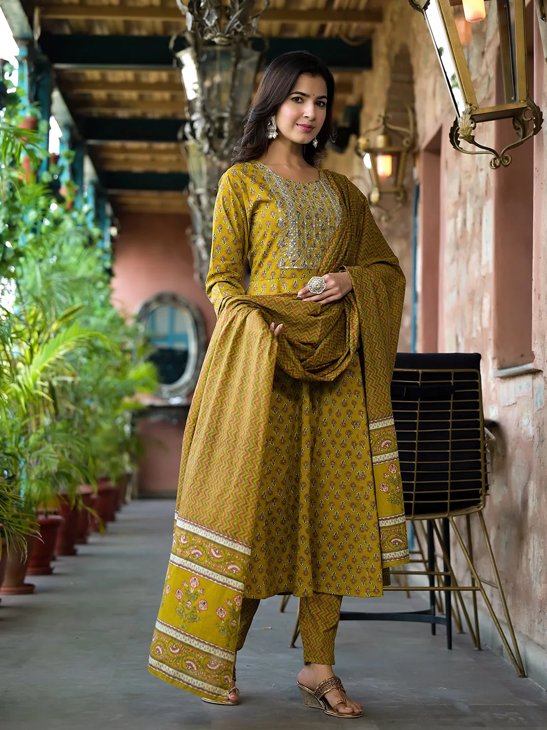 Women Mustard Pure Cotton Kurta Set With Dupatta
