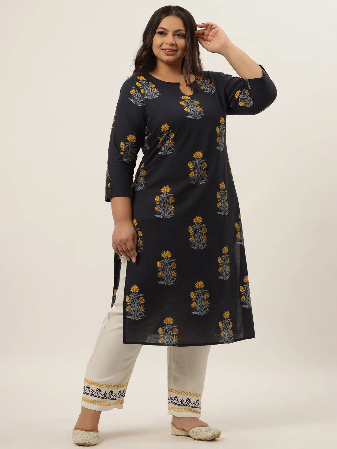 Women Navy Blue & Mustard Yellow Floral Printed Pure Cotton Kurta With Palazzos