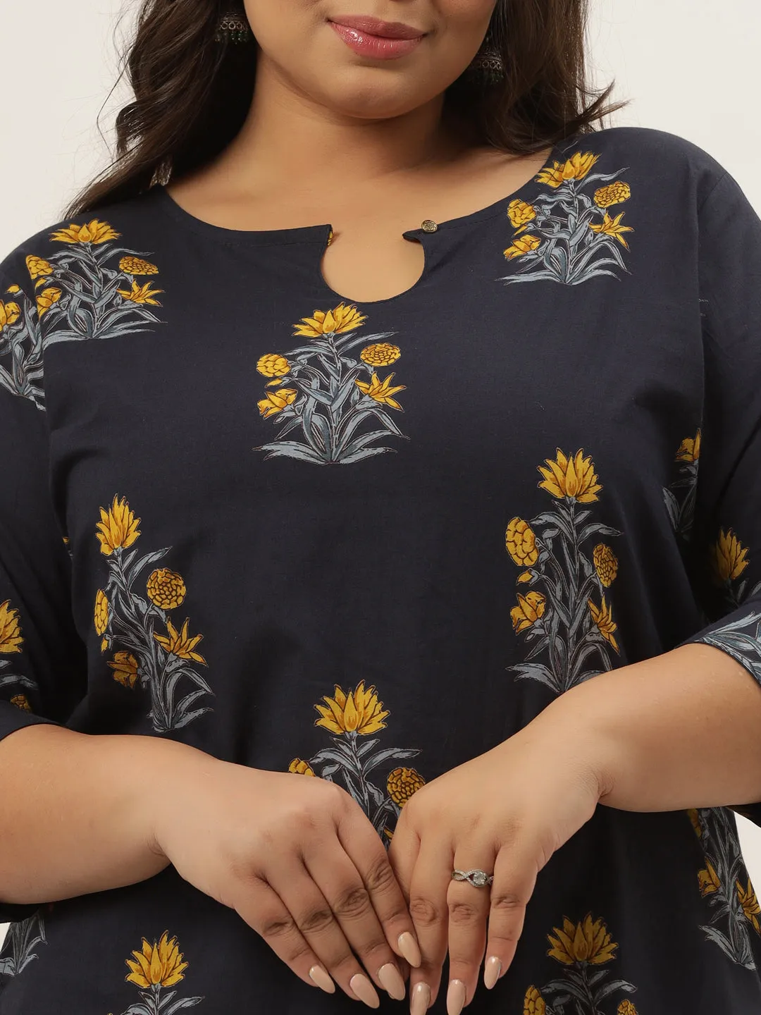 Women Navy Blue & Mustard Yellow Floral Printed Pure Cotton Kurta With Palazzos