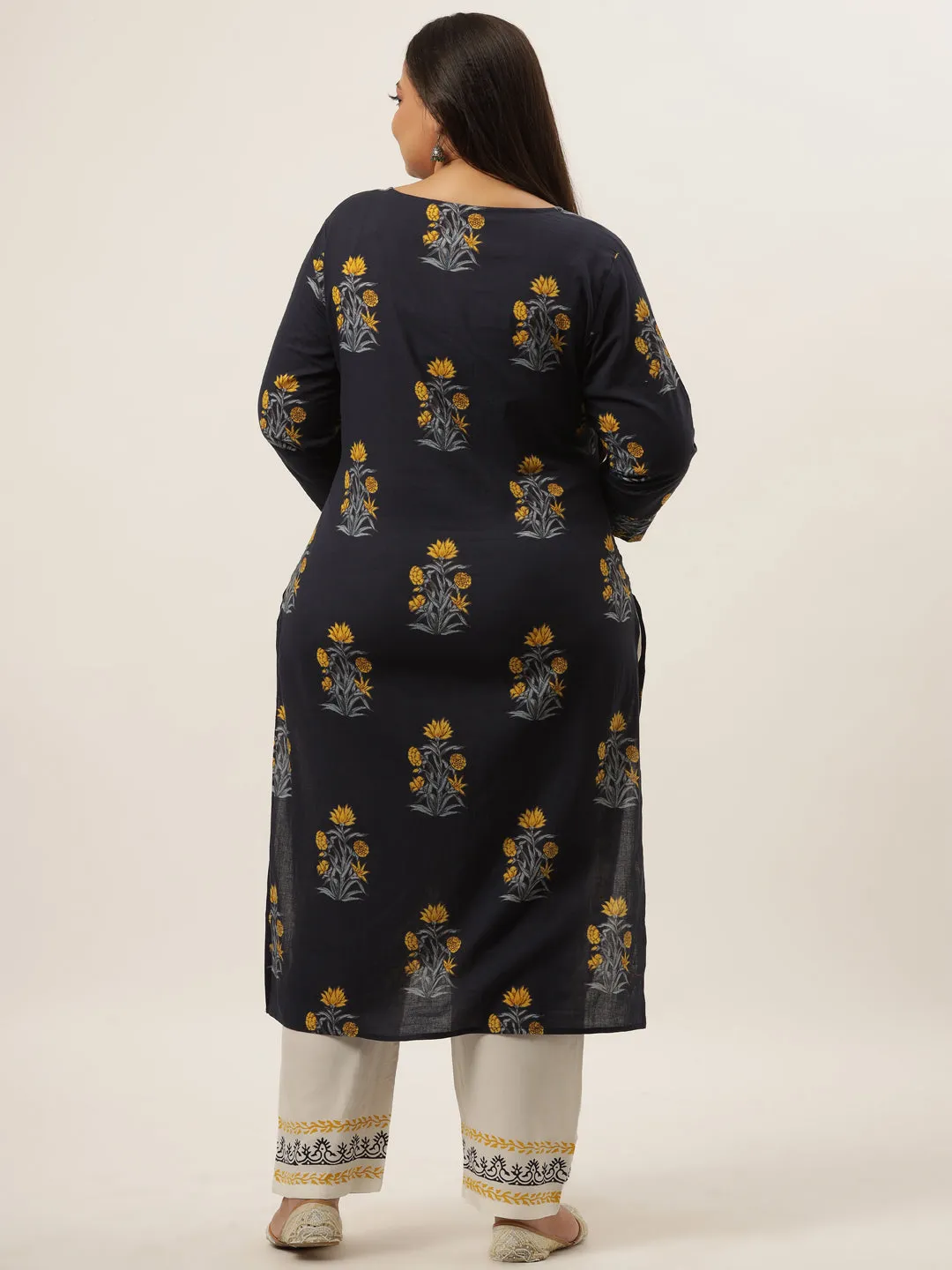 Women Navy Blue & Mustard Yellow Floral Printed Pure Cotton Kurta With Palazzos