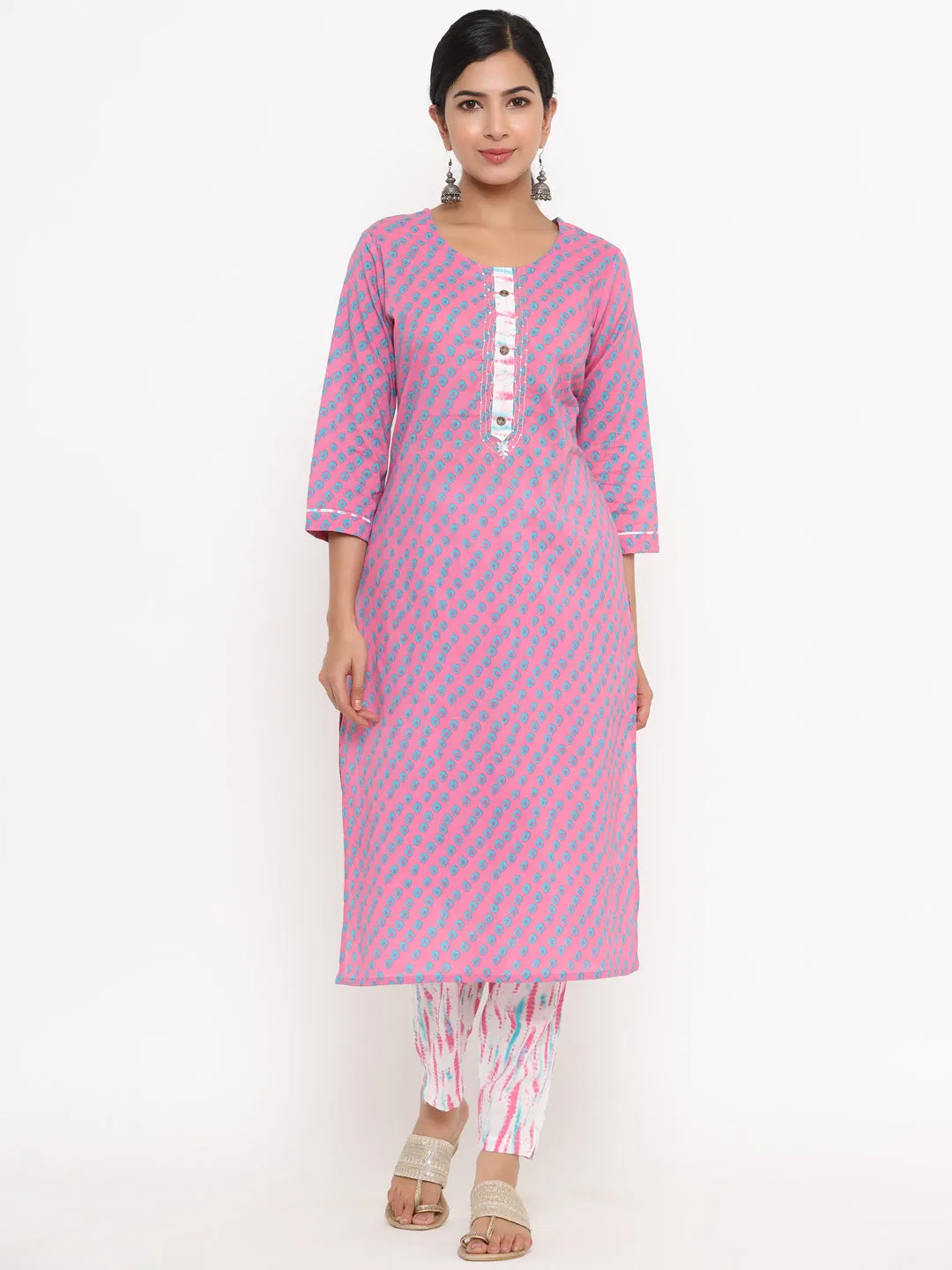 Women Pink Printed Hand Work Cotton Kurta With Pant & Dupatta