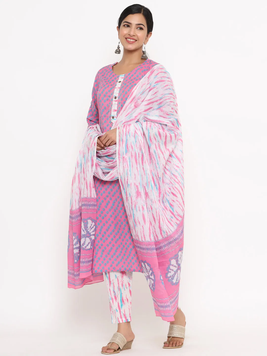 Women Pink Printed Hand Work Cotton Kurta With Pant & Dupatta