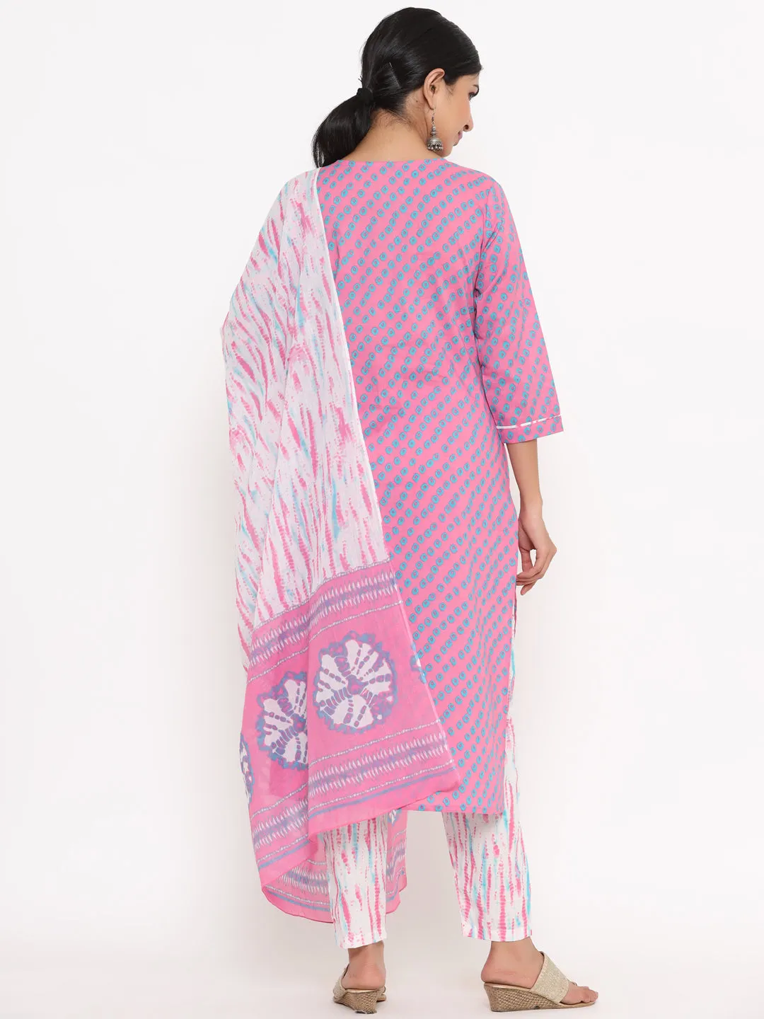 Women Pink Printed Hand Work Cotton Kurta With Pant & Dupatta