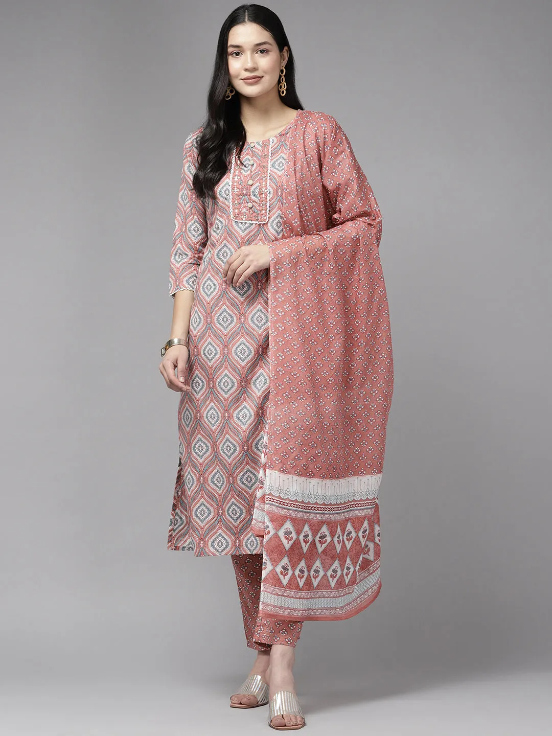 Women Pink Pure Cotton Kurta Set With Dupatta