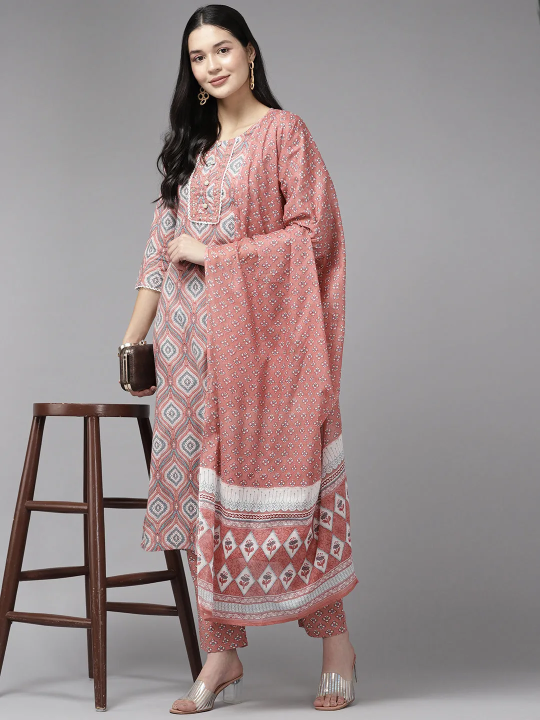 Women Pink Pure Cotton Kurta Set With Dupatta