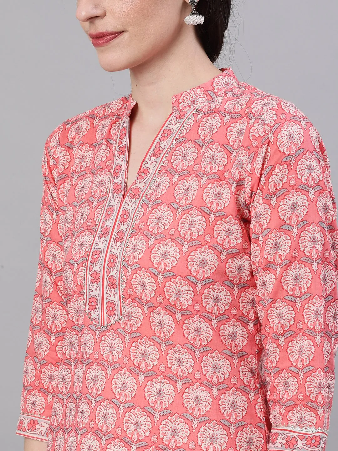 Women Pink Three-Quarter Sleeves Straight Kurta Palazzo With Dupatta