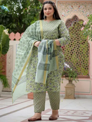 Women Plus Size Green  Pure Cotton Kurta Set With Dupatta