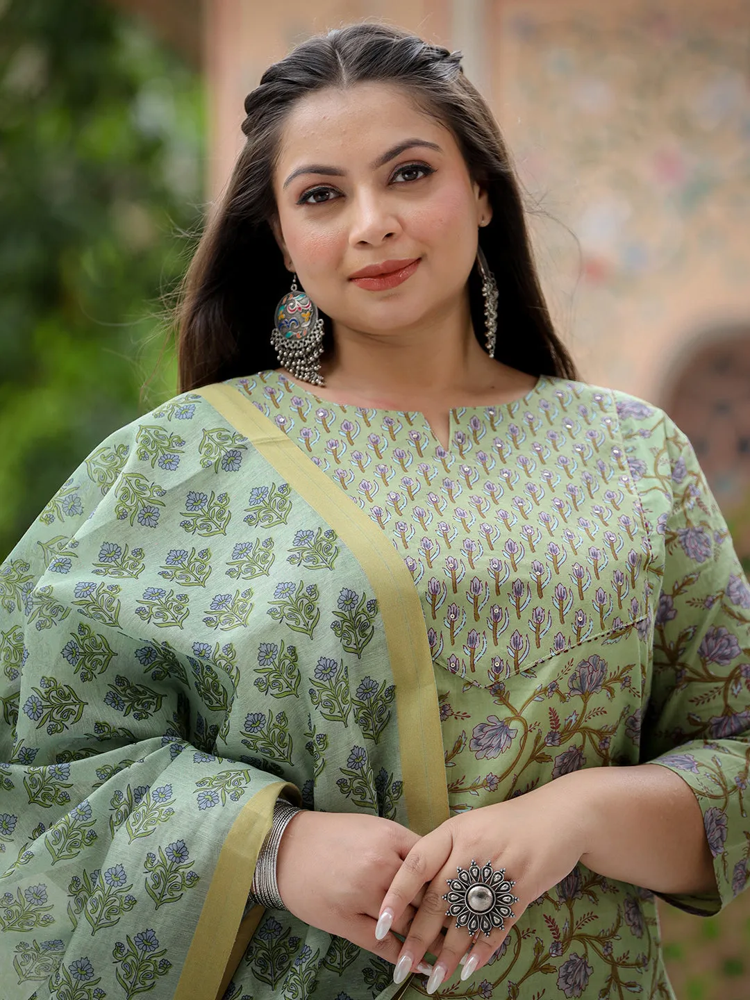 Women Plus Size Green  Pure Cotton Kurta Set With Dupatta