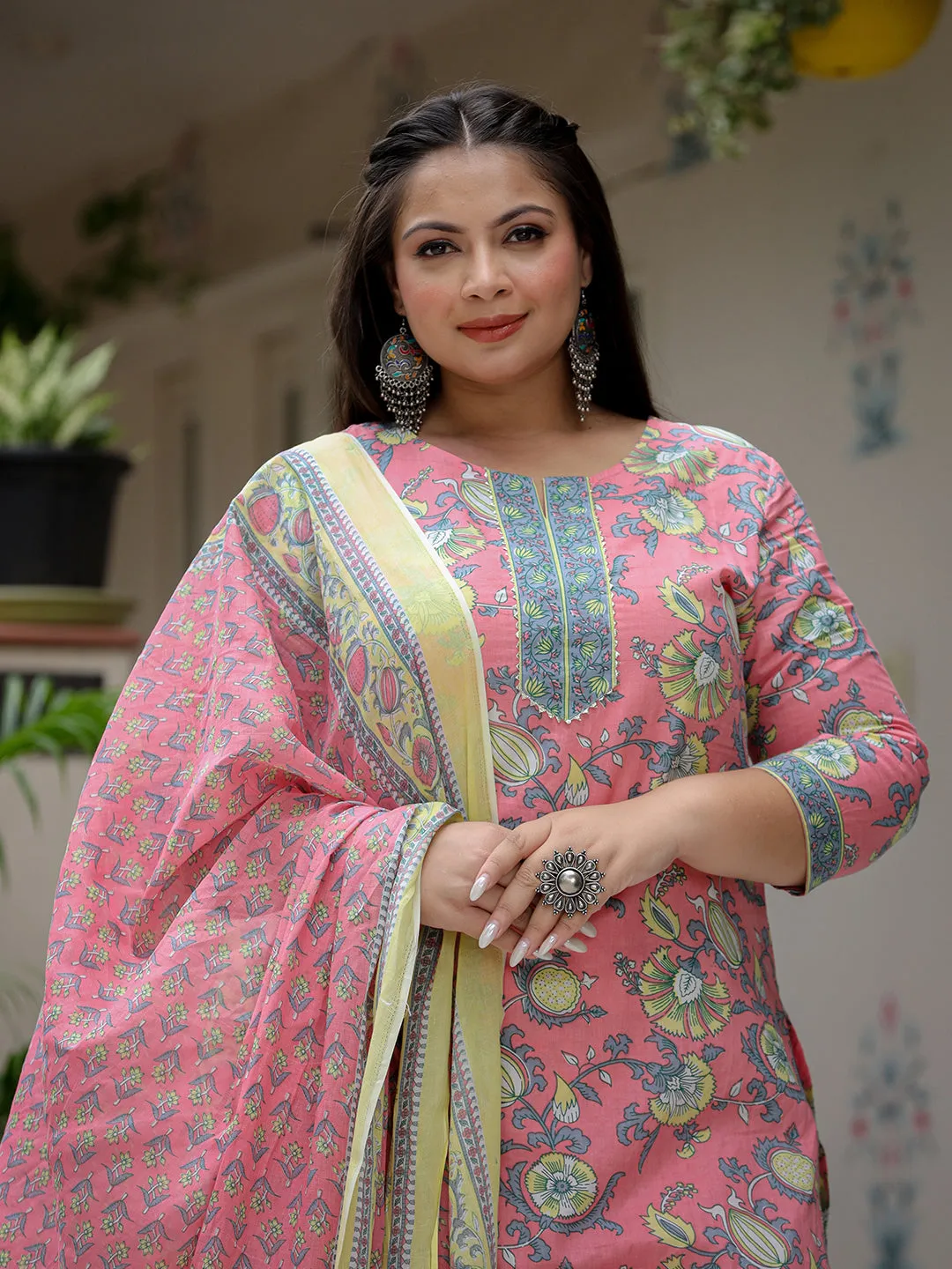 Women Plus Size Peach Pure Cotton Kurta Set With Dupatta