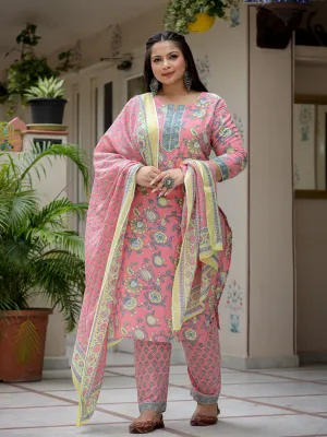 Women Plus Size Peach Pure Cotton Kurta Set With Dupatta