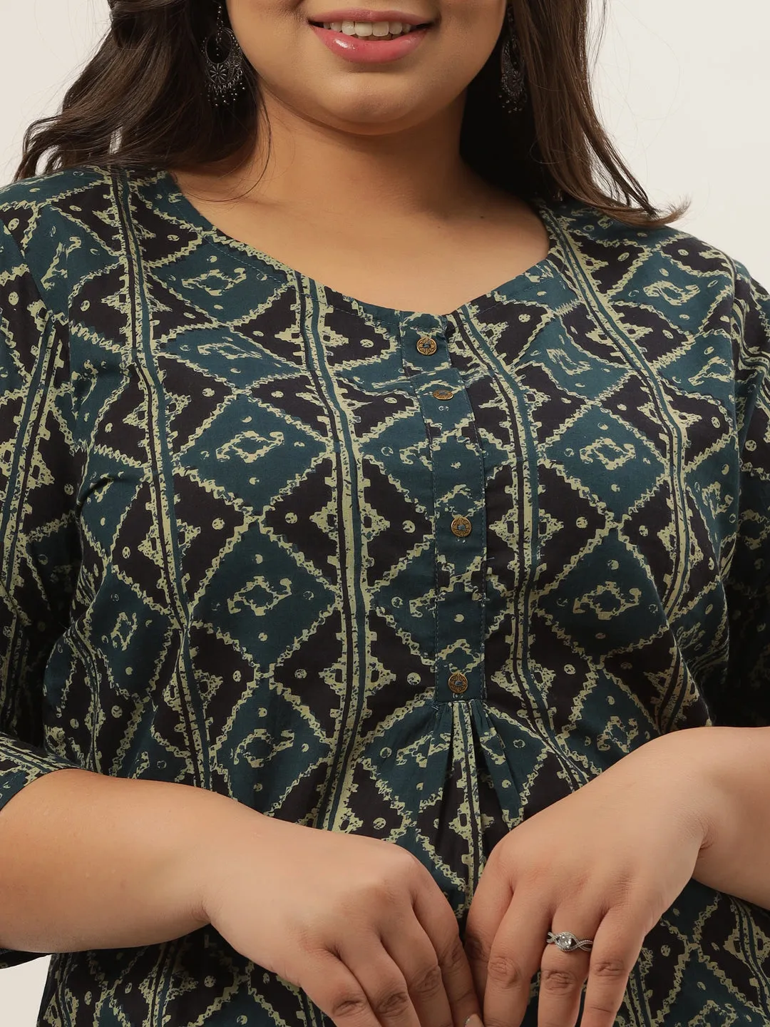 Women Teal Blue & Black Printed Pure Cotton Kurta With Palazzos