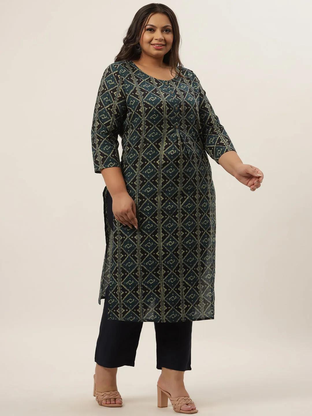 Women Teal Blue & Black Printed Pure Cotton Kurta With Palazzos