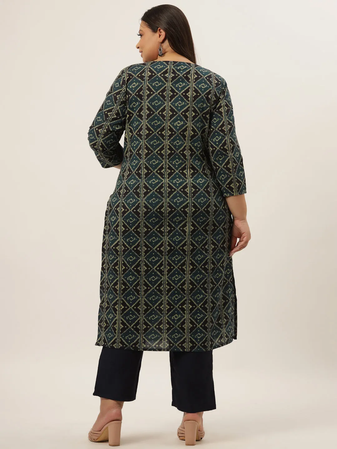 Women Teal Blue & Black Printed Pure Cotton Kurta With Palazzos