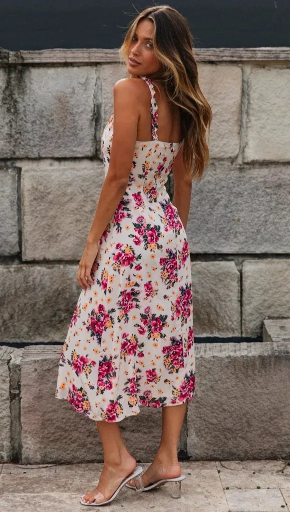 Women's printed sexy sling ruffled midi dress