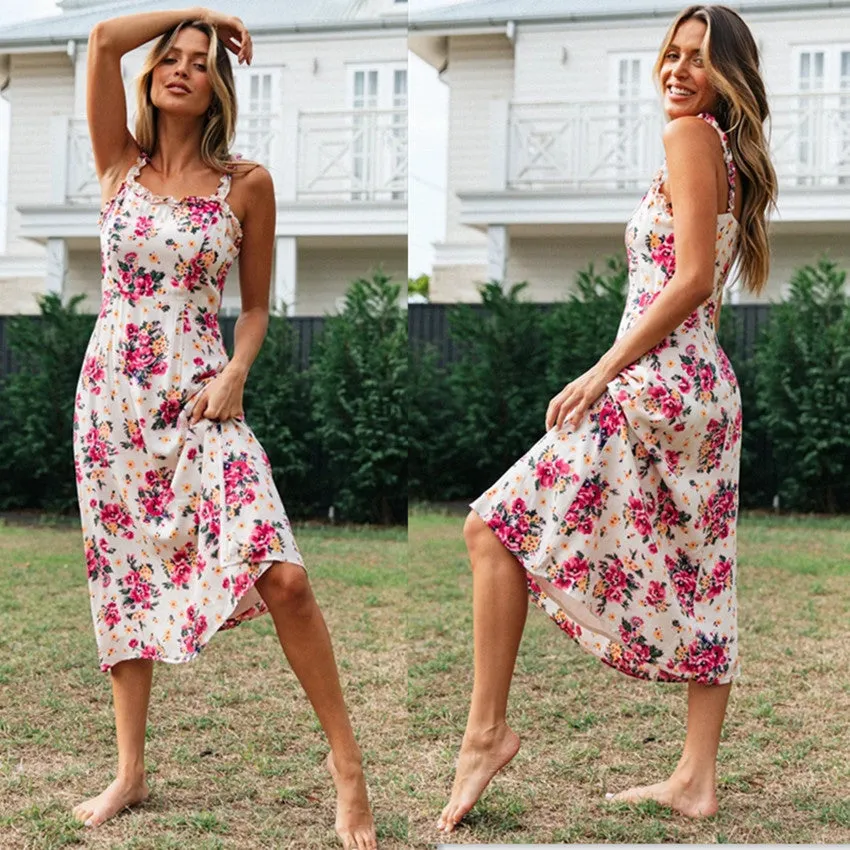Women's printed sexy sling ruffled midi dress