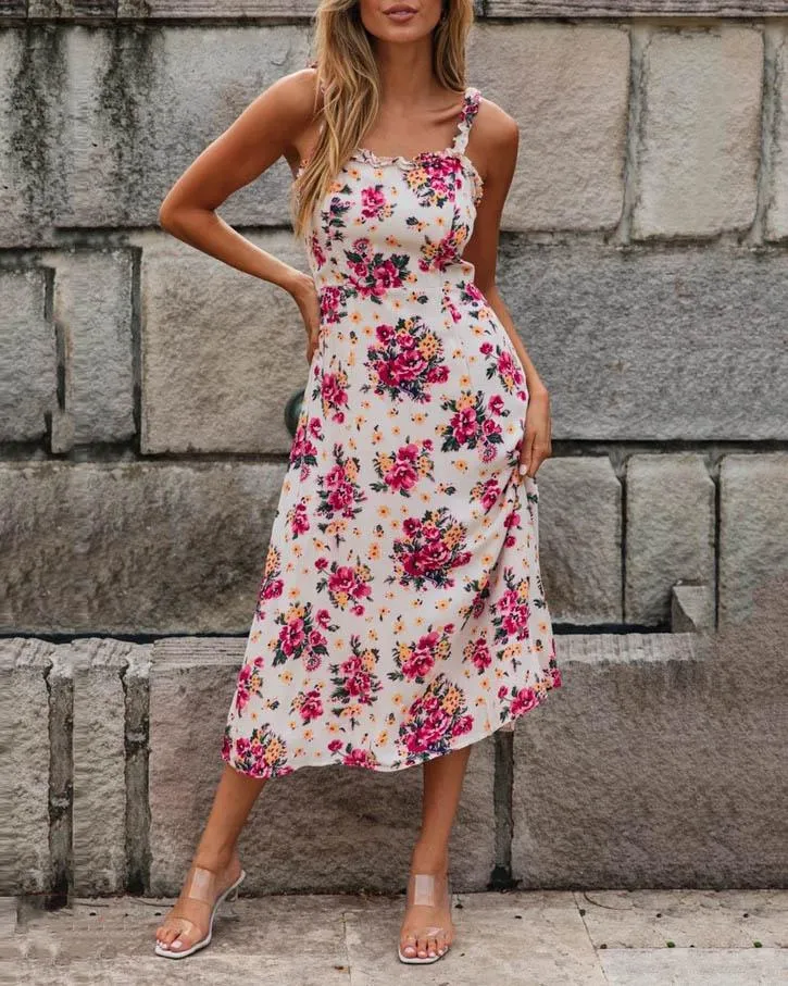 Women's printed sexy sling ruffled midi dress