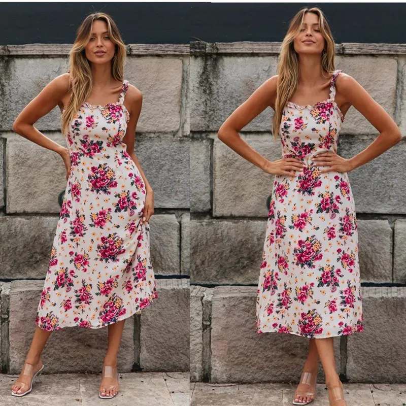 Women's printed sexy sling ruffled midi dress