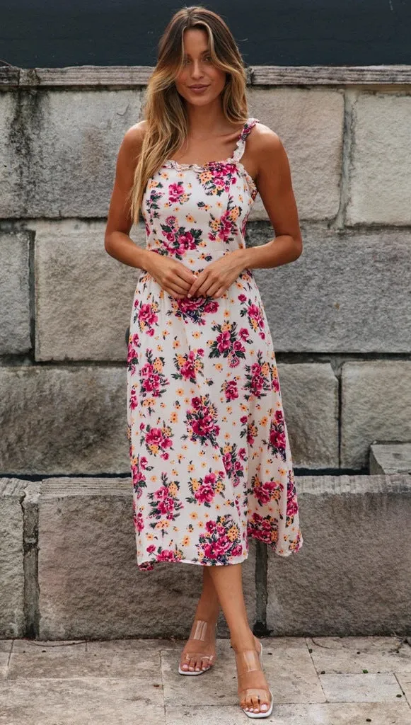 Women's printed sexy sling ruffled midi dress