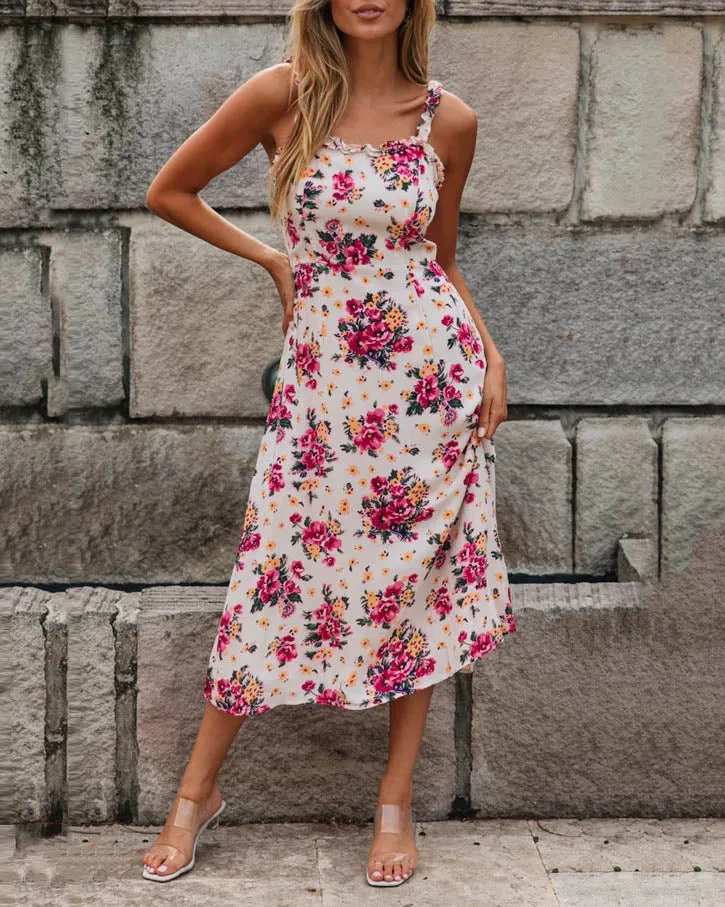 Women's printed sexy sling ruffled midi dress